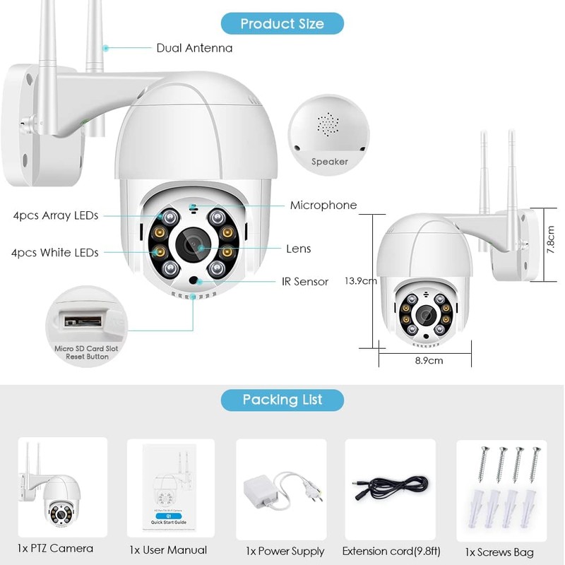 Anksono 2MP Outdoor WiFi Surveillance Camera, 350°/90° Swivelling PTZ Outdoor
