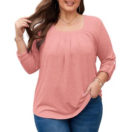 AUSELILY Womens Plus Size Tops Tunic 3/4 Sleeve Square Neck Shirts Casual Soft Blouse,Pink,XL
