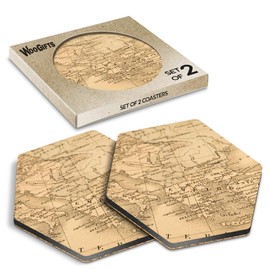 2 x Hexagon Coasters - Antique World Map Mediterranean Sea Cork Backed MDF Glossy Tea Coffee Accessory #50102