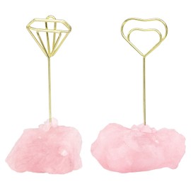 Nupuyai 2 Pieces Natural Rose Quartz Raw Stone Place Card Holder Table Number Holder Photo Holder Card Holder Menu Name Plate Holder for Wedding, Party, Birthday, Office (Heart and Diamonds)