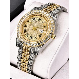 Rhinestone Decor Round Dial Analog Quartz Watch, Fashion Watch for Party, Daily Clothing Decor, Trendy Exquisite Watch for Birthday Gift without Box - Color: Golden, Size: one size fits all