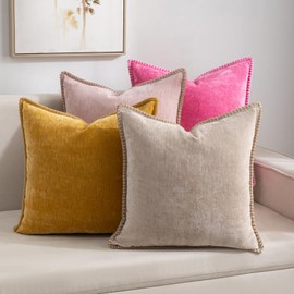 HOSHEN HOME Chenille Soft Spring Throw Pillow Covers 18x18 Set of 2, Farmhouse Velvet Decorative Pillow Covers with Stitched Edge for Living Room Couch Bed Beige