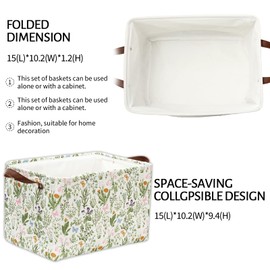 FYSUIMU 2Pcs Vintage Wildflower Rectangle Storage Basket 15 x 10.2 x 9.4 Inch Green Floral Foldable Open Toy Organizer Bag with Handle Large Laundry Dirty Cloth Storage Bin for Bedroom Shelves Closet