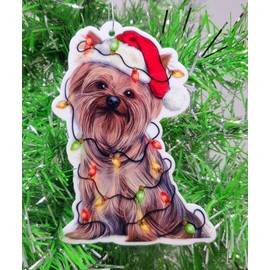 Yorkshire Terrier Dog Ornament with Terrier in Santa Hat and Christmas Lights
