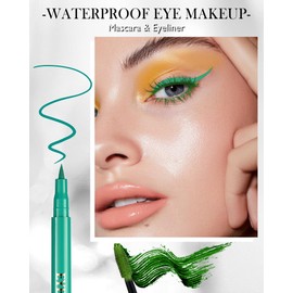 Green Voluminous Mascara & Waterproof Eyeliner Pen Set- Smudge-Proof Long-Lasting Colored Mascara Liquid Matte Eyeliner,5D Lengthening Curling Thick Lashes Color Mascara Tubing,Women Vegan Eye Makeup