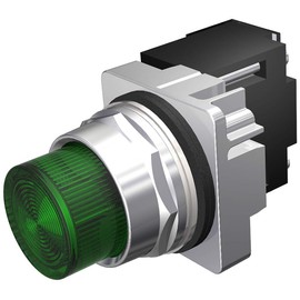 Siemens 52PL4E3 Heavy Duty Indicator Light, 30mm, Green, Plastic Lens, 120V AC/DC Full Voltage, Incandescent Bulb, Chrome, Watertight/Oiltight