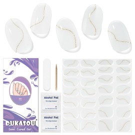 DUKASOU Semi Cured Gel Nail Strips,28 pcs Gel Nail Stickers/Wraps(Gilded French),Long Lasting Polish Stickers UV Cure,Works with Any UV Lamp,Easy to Apply