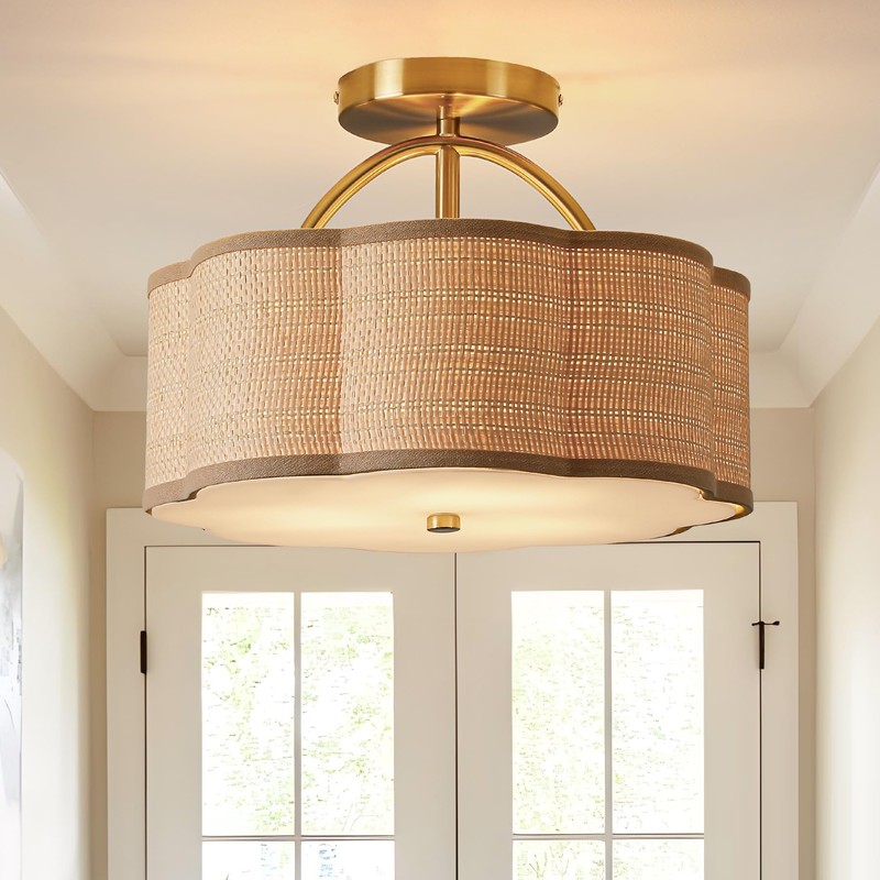 Joyartic 13" Rattan Semi Flush Mount Ceiling Light 3-Light Boho