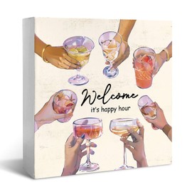 JXREQ Vintage Bar Cart Art Welcome Sign Desk Decor, Happy Hour Bar Alcohol Drinks Wall Art Wood Box Sign Decorations for Home Kitchen, 5x5 Inch