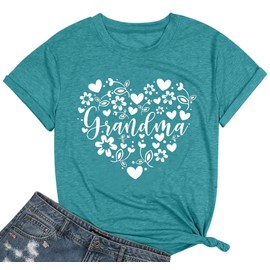 Heart Floral Grandma Shirts Letter Print Grandmother Mama Life Casual Tee Top Women Cyan L