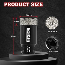 DT-DIATOOL Daimond Core Drill Bit 1-1/2 Inch Vaccum Brazed Hole Saw with 5/8"-11 Thread Drilling for Procelain Tile Ceramic Marble Granite Stone Brick