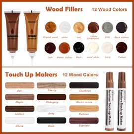 SEISSO Wood Furniture Repair Kit-12 Colors Wood Scratch Fillers with 12 Colors Wood Touch Up Markers for Restoring Hardwood Laminate Floor Furniture Table Cabinet Repair Scratch, Cracks, Discoloration