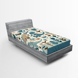 Ambesonne Dinosaur 2 Pack Fitted Sheet, Cartoon Scandi Jurassic, Bed Cover All-Round Elastic Deep Pockets 2 Pieces, Package Contains 2 Twin Size Fitted Sheets, Slate Blue Off White Dusk