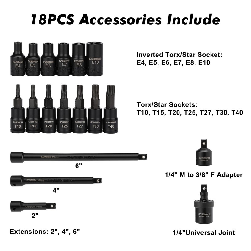 CASOMAN 1/4 Inch Drive Master Impact Socket Set with Adapters,