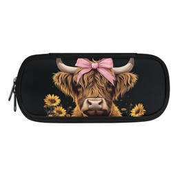 Guosanchn Highland Cow Pencil Case Cute Pencil Pouch Pen Box with Zipper Sunflower Gifts Pen Pencil Holder Pen Bags for Kids Adults Boys Girls Back to School Study Supplies Big Capacity