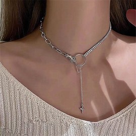 TseenYi Round Cross Pendant Necklace Silver Rhinestone Necklace Choker Boho Paper Clip Chain Necklace Shiny CZ Necklace Clavicular Chain Jewellery for Women and Girls