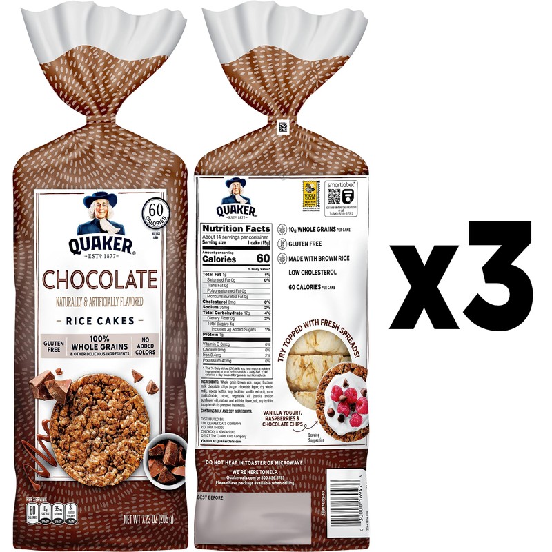 Quaker Large Rice Cakes, Chocolate, 7.23 oz Bags, (3 Pack),