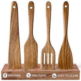 Juego de 4 espátulas de madera de acacia, no tóxico, juego de utensilios de cocina ranurados, espátulas planas de madera para cocinar cuchara, espátul