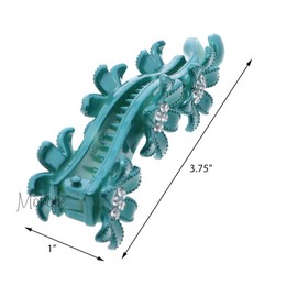 3.75 inch Long Green Flowered Banana Clip with Diamonds - Set of 2