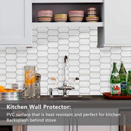 Vamos Tile Long Hexagon Peel and Stick Backsplash Tile - 10 Sheets Stick on Backsplash for Kitchen and Bathroom 12.4 x 12 Inch Dolomite Marble Look PVC Self Adhesive Mosaic Wall Tiles
