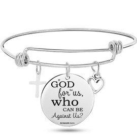 Jude Jewelers Stainless Steel Adjustable Size Christian Cross Holy Bible Verses Mantra Bangle Bracelet (Romans 8:31)
