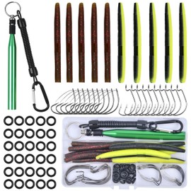 Wacky Worm Fishing Lure Kit Bass Fishing Wacky Rig Kit, 61pcs Wacky Rig Tool Kit with Soft Plastics Lures O Rings Worms Bait Hooks Tackle Box Kit for Soft Stick Baits Bass Fishing