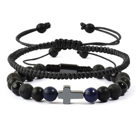 Beads and Rope Cross Bracelet for Men Teens, Christina Bracelet for Son Grandson Handmade Adjustable Nylon Bracelet for Men (black rope set)