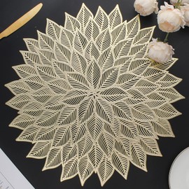 Mabbcoo Placemats Set of 6, Round Hollow Out Flowers Place Mats for Dining Table Pressed Vinyl Blooming Leaf Table Mats for Holiday Party Wedding Accent Centerpiece Dinner Decoration (Gold)