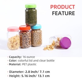 OMNISAFE 16 Ounce Clear Plastic Mason Jars With Screw On Lid, Reusable Empty Jars for Food Storage, Round BPA Free Containers for Sealing, Dry Food, Breakage-proof, Color Lid (8 Pack 16 Ounce)