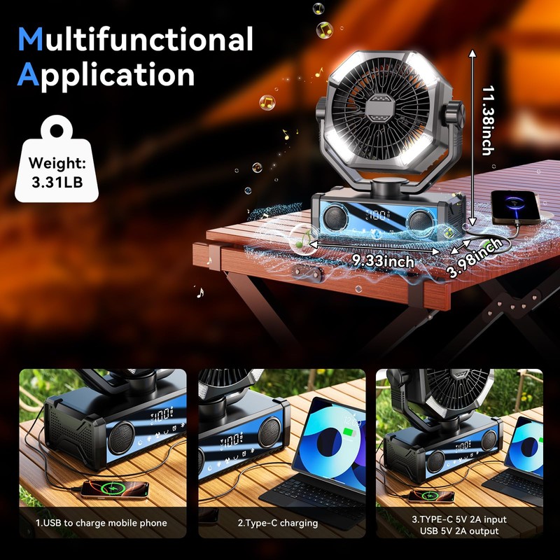 Portable fan rechargeable with 5.3 Bluetooth Speaker, 25000mAh Camping Fan
