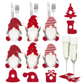 BOFUNX 6 Pieces Christmas Cutlery Bags Felt Christmas Gnome Cutlery Holder Cutlery Bag + 6 Pieces Felt Glass Markers Table Decoration Christmas Decoration Party Decoration