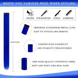 WZNBBOY 12 Pcs Colored Royal Blue Hair Extensions Multicolor Clip in Hair Extensions 22 inch Synthetic Straight Hair Extensions Party Highlights Hairpieces Christmas Birthday Gift for Kids （Blue）