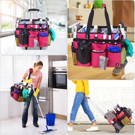Bolsa de Limpieza Extragrande con Ruedas, Carrito de Limpieza con Tablero de Soporte Duro Integrado y Carrito Desmontable, con Correa Ajustable para el Hombro y Múltiples Bolsillos, Color Rosa