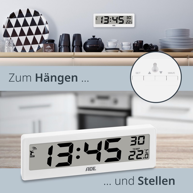 ADE Digital Radio-Controlled Clock Living Room with Temperature Display, Very