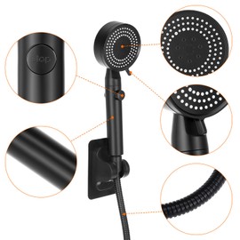 QWORK 5 Modes Shower Head Water Saving Shower Head with 1.5M Hose and Bracket Black