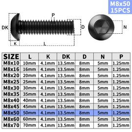 TXXATX Pack of 15 Rounded Head Screws M8 x 50 mm Black Flat Head Screws M8 304 Stainless Steel with Hexagon Socket Full Thread Furniture Screws for DIY Projects Furniture Repair Assembly Maintenance