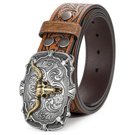 BELTROAD Western Leather Buckle Belt for Men Women Cowboy Cowgirl Leather Mens Belts for Jeans Embossed Men's Birthday Christmas Belts Gifts