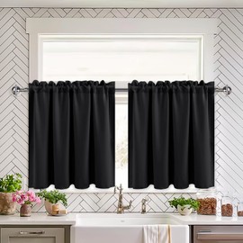 XWZO Black Blackout Curtains, Opaque Curtains with Curtain Rods, for Living Room and Kitchen, Bistro Curtain, Short Panel Curtains for Small Window, W 66 cm x H 114 cm per Panel, Set of 2