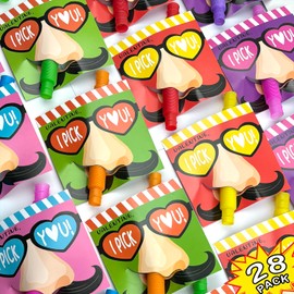 Valentines Day Gifts Cards for Kids - 28 Pack Funny Nose Picking Valentines Cards with Pop Tubes - Funny Valentines Classroom Favors Exchange Cards for Boys Girls School Class Preschool