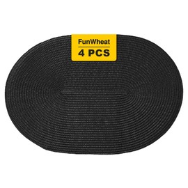 FunWheat Oval Braided Placemats Set of 4 Table Mats for Dining Tables Washable Heat Resistant Place Mats for Indoor Outdoor Use 12 x18 Inch(Oval Black, 4pcs)