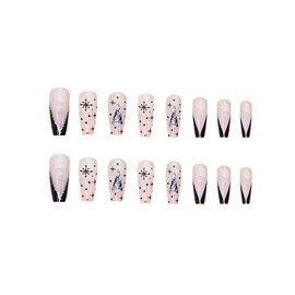 French Tip Press on Nails Christmas Medium Length Fake Nails Coffin False Nails with Designs Full Cover Stick on Nails Christmas Tress Snowflake Glitter Nail Decoration Winter Acrylic Nails for Women