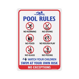 T&R Pool Rules Sign with Symbols, No Diving, No Glass, No Food, No Peeing, Swim at Your Own Risk Sign - 1 Pack - 14"x10" .040 Rust Free Heavy Aluminum, Reflective, Waterproof and Fade Resistant, 4 pre-drilled holes, Easy to Mount