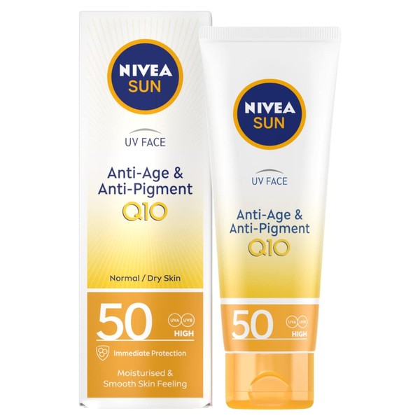 NIVEA UV Face SPF50 Q10 Anti-Age & Anti-Pigment 0% White Residue (50ml), Q10 Face Sun Cream, UV Face Cream Anti Ageing, Anti Ageing Cream with SPF50