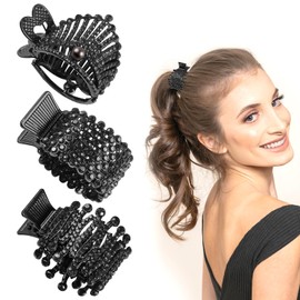 3 Pieces Rhinestone Crown Shape Ponytail Clips Shark Ponytail High Hairstyle Small Hair Clips Fashion Hair Accessories for Women Black
