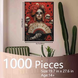 Fantasy Sugar Skull Woman Holding Fan Rompecabezas de 1000 piezas para adultos, estudiantes, rosas y calaveras Día de los Muertos, rompecabezas de arte de 20 x 27 pulgadas, retrato de cuerpo completo