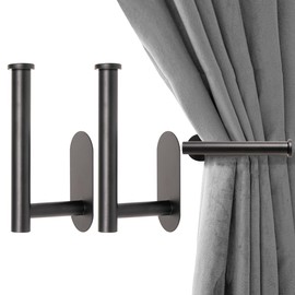 2 Pack Adhesive Curtain Holdbacks, No Drill Metal Curtain Tie Backs Holders for Drapes, Self-Adhesive Curtain Pull Backs Hooks for Windows and Doors - (2,Black)