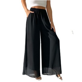 heipeiwa Women's Chiffon Dress Beach Wide Leg Palazzo Pants Elastic Waist Trouser