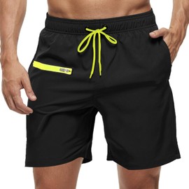 Meegsking Mens Swim Trunks with Compression Liner - 2 in1 Quick Dry Swim Shorts Bathing Suits with Zipper Pockets Black