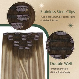 Ugeat Clip in Human Hair Extensions Dark Brown Fading to Light Brown Mix Light Blonde Remy Hair Extensions Clip in Balayage #3/8/22 120 Grams 7 Pieces