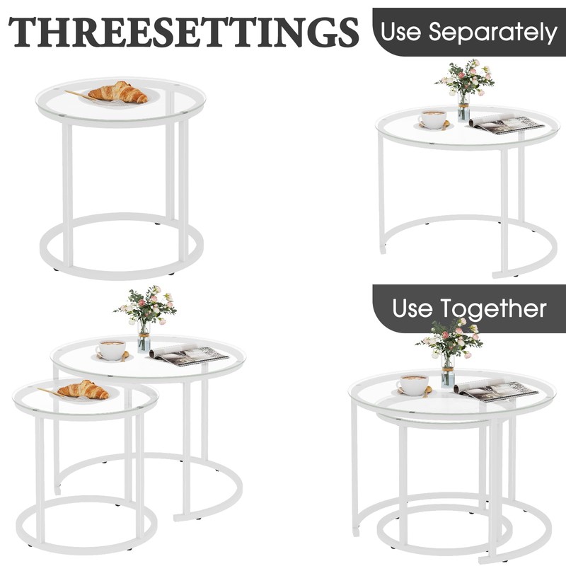 aboxoo White Nesting Glass Table Set of 2, Small Glass